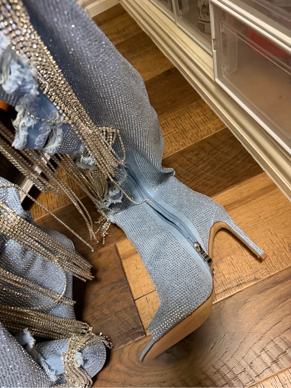 AZALEA WANG MADILYN RHINESTONE DENIM PEEP TOE BOOT - Picture 3 of 4